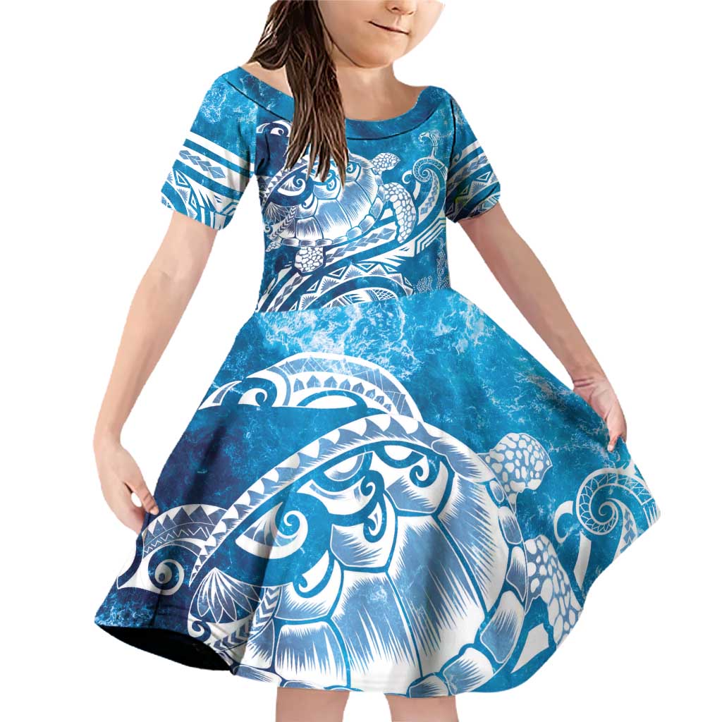 World Ocean Day Polynesian Pattern Family Matching Off Shoulder Short Dress and Hawaiian Shirt Crystal Waves LT7 Daughter's Dress Blue - Polynesian Pride