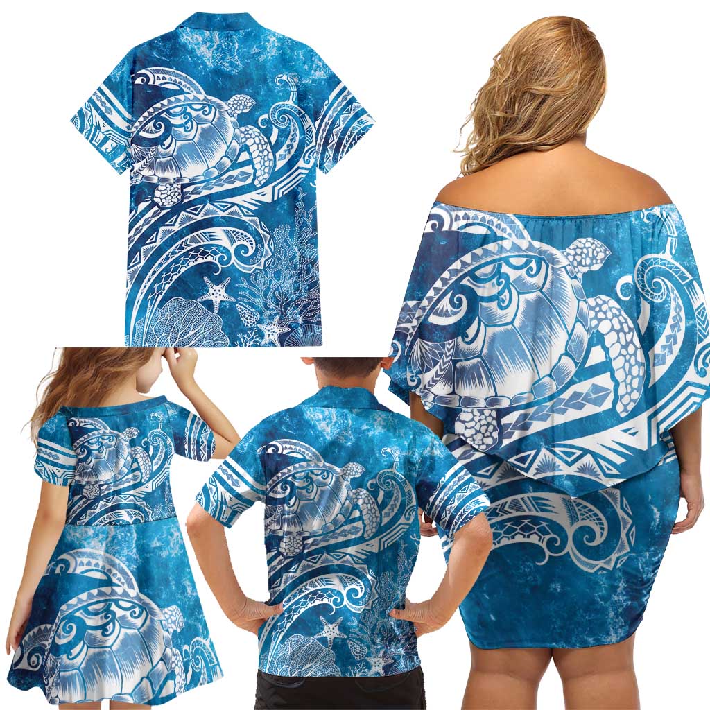 World Ocean Day Polynesian Pattern Family Matching Off Shoulder Short Dress and Hawaiian Shirt Crystal Waves LT7 - Polynesian Pride