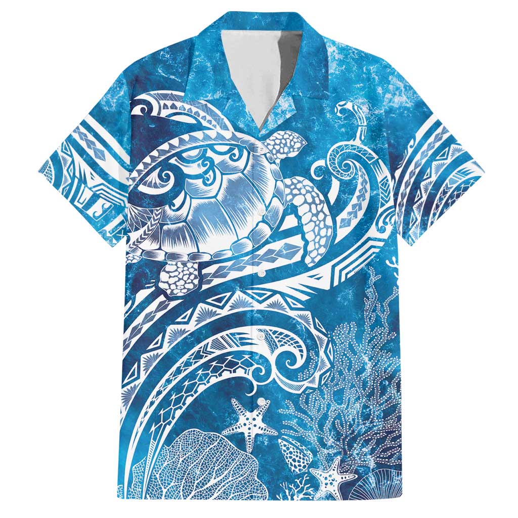 World Ocean Day Polynesian Pattern Family Matching Off Shoulder Short Dress and Hawaiian Shirt Crystal Waves LT7 Dad's Shirt - Short Sleeve Blue - Polynesian Pride