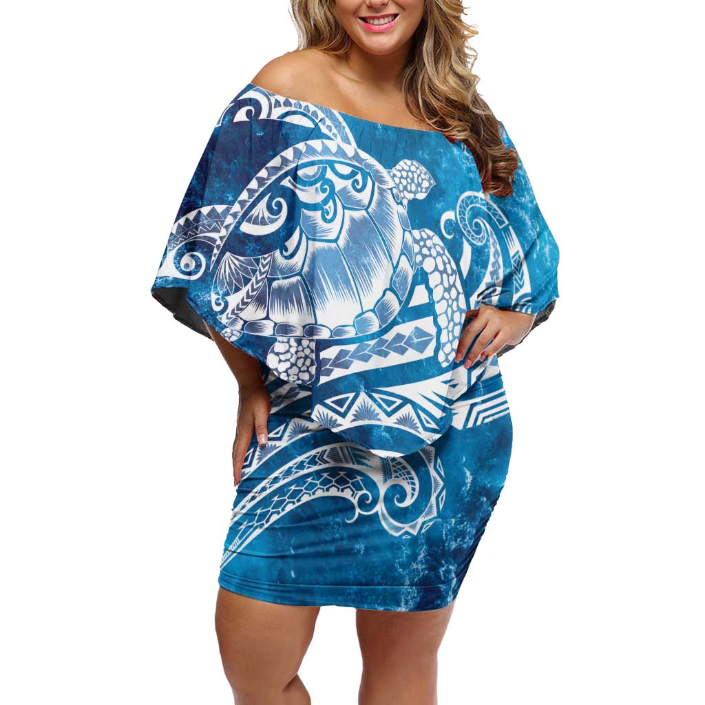 World Ocean Day Polynesian Pattern Family Matching Off Shoulder Short Dress and Hawaiian Shirt Crystal Waves LT7 Mom's Dress Blue - Polynesian Pride