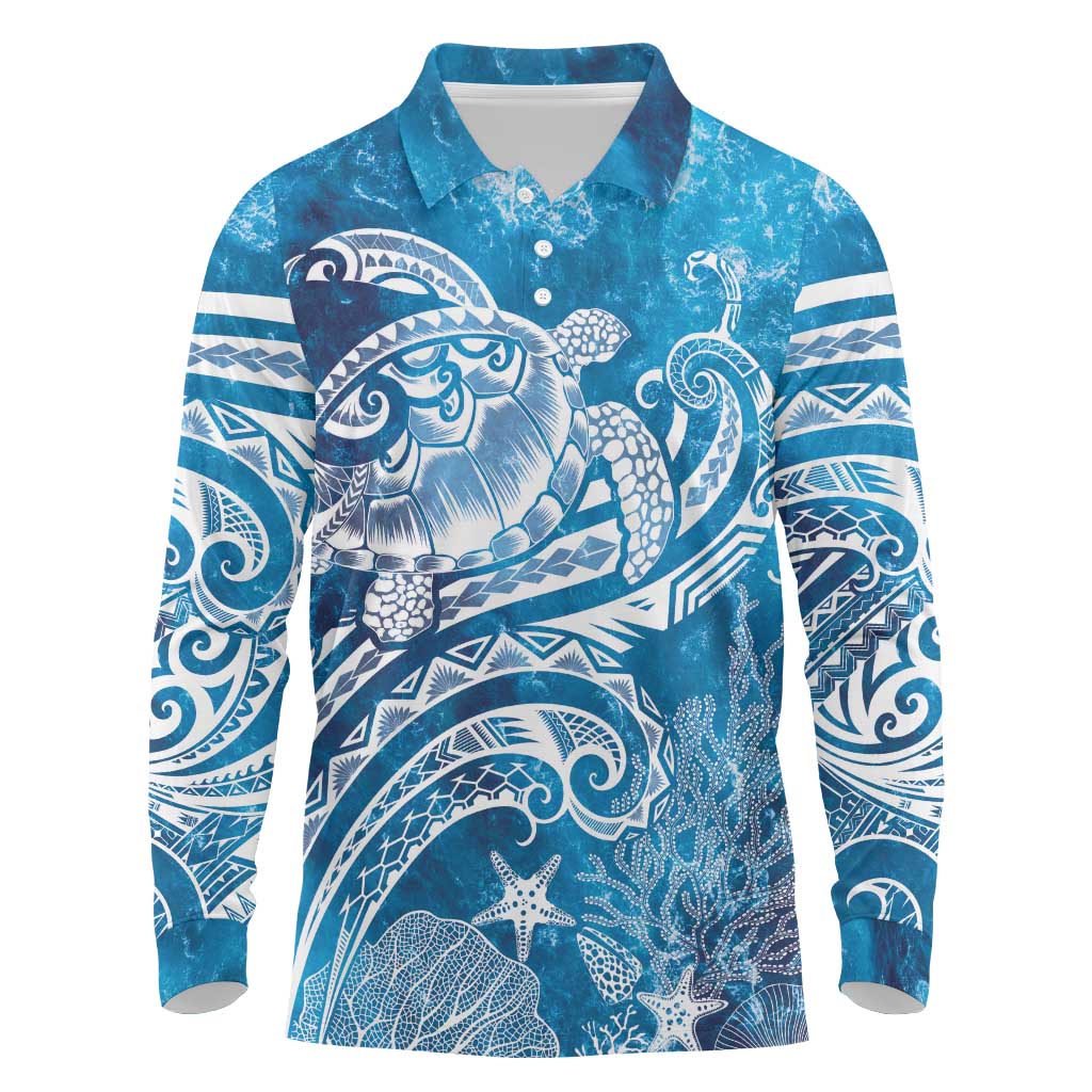 World Ocean Day Polynesian Pattern Long Sleeve Polo Shirt Crystal Waves LT7 Blue - Polynesian Pride