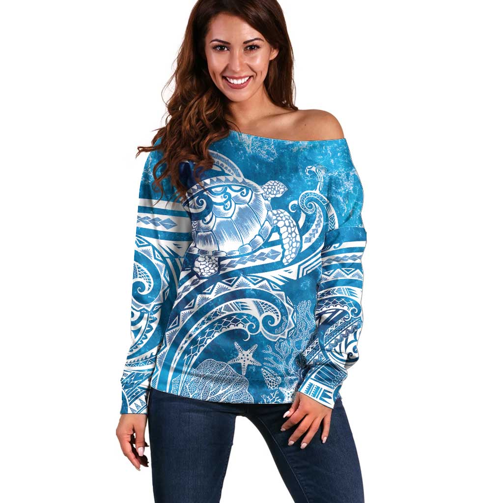 World Ocean Day Polynesian Pattern Off Shoulder Sweater Crystal Waves LT7 Women Blue - Polynesian Pride