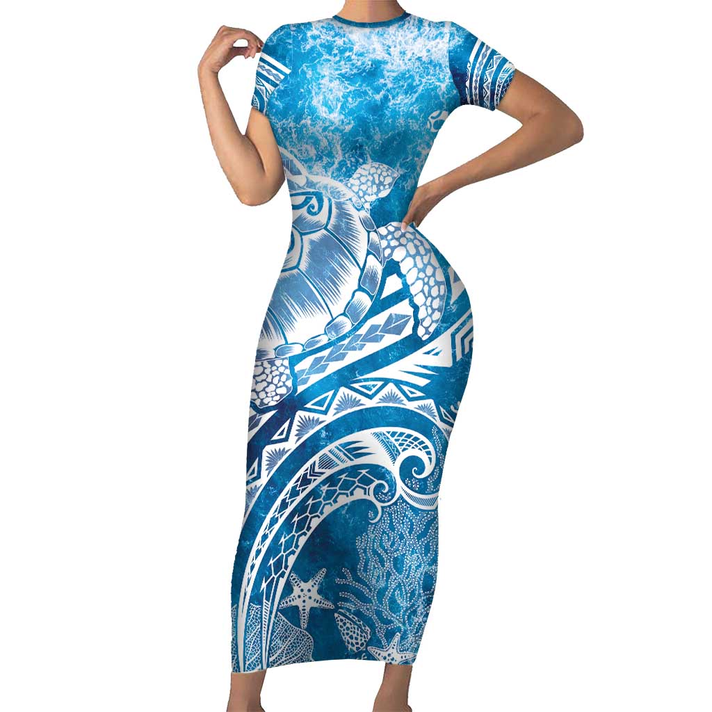 World Ocean Day Polynesian Pattern Short Sleeve Bodycon Dress Crystal Waves