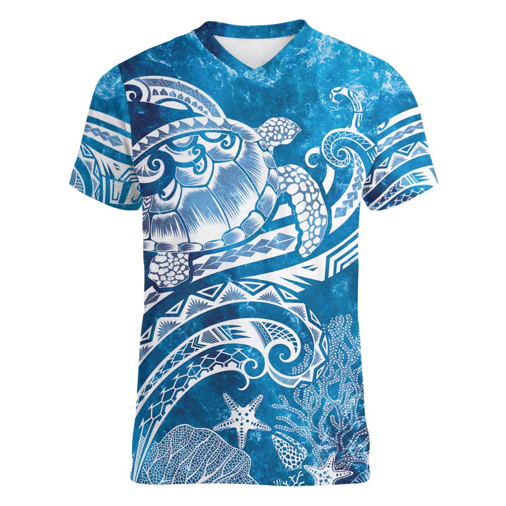 World Ocean Day Polynesian Pattern Women V-Neck T-Shirt Crystal Waves