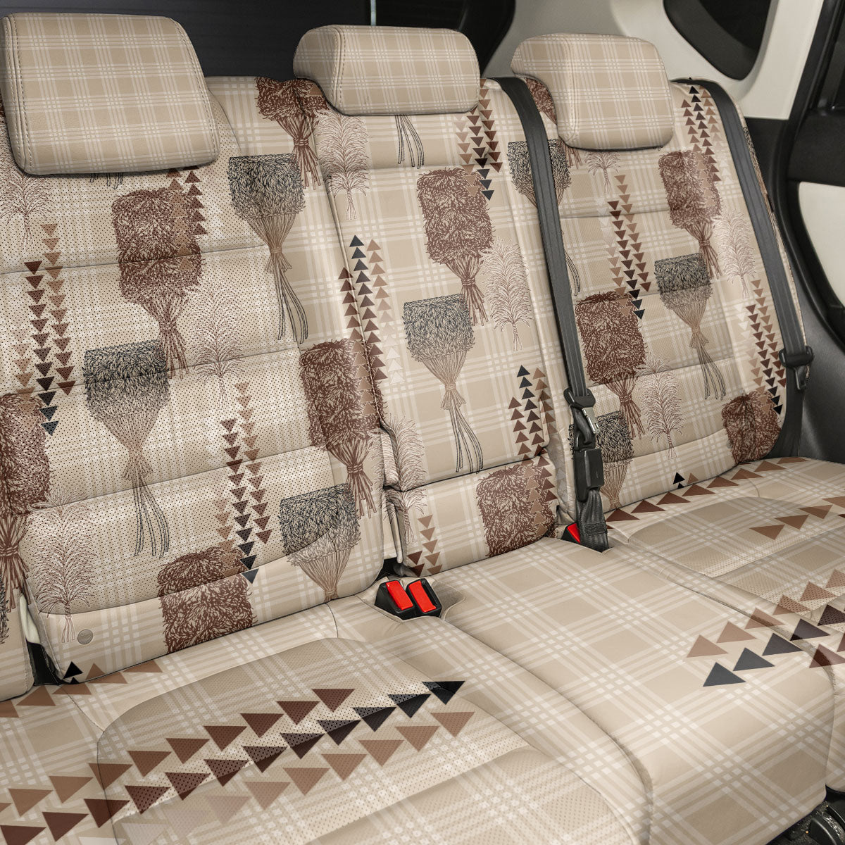 Aloha Hawaii Vintage Kahili Pa'a Lima Back Car Seat Cover Palaka Print Cozy Beige