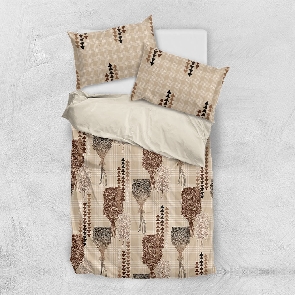 Aloha Hawaii Vintage Kahili Pa'a Lima Bedding Set Palaka Print Cozy Beige
