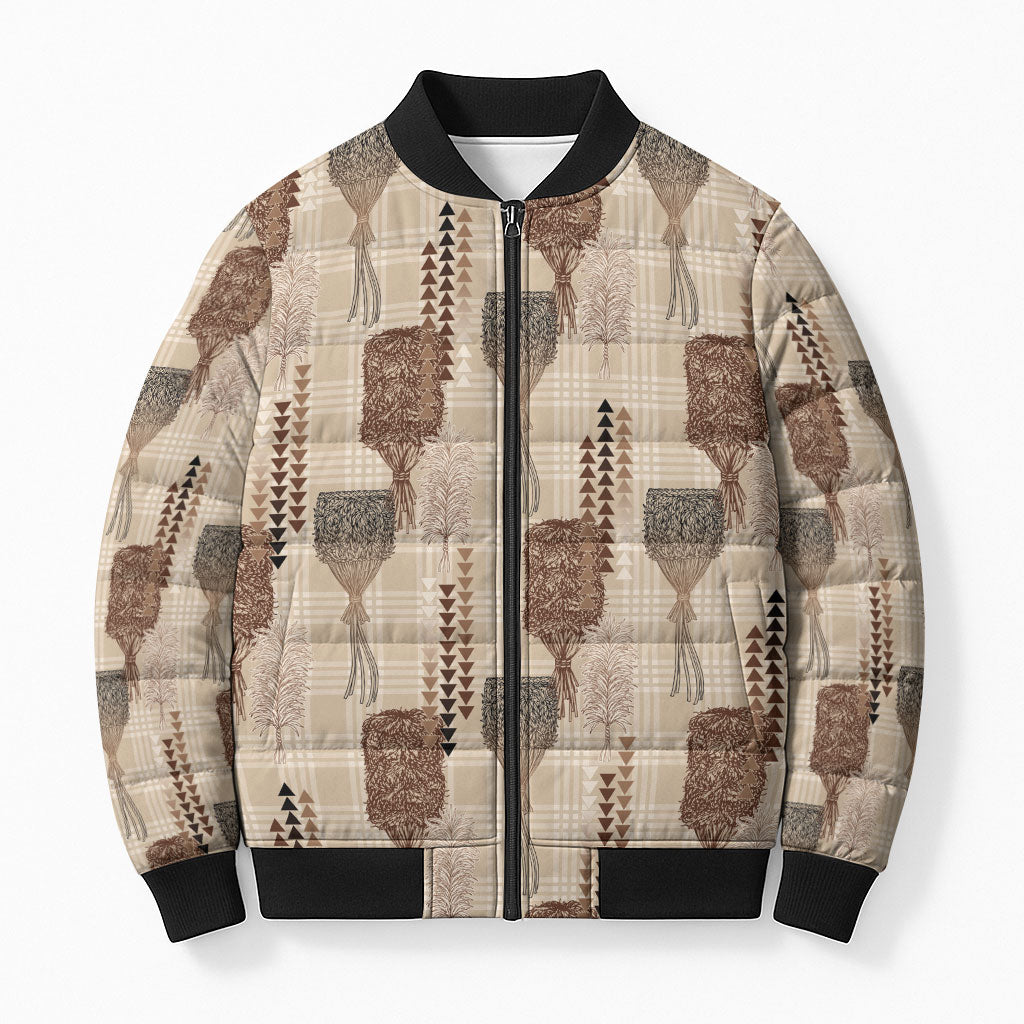 Aloha Hawaii Vintage Kahili Pa'a Lima Bomber Puffer Jacket Palaka Print Cozy Beige LT7 Unisex Beige - Polynesian Pride