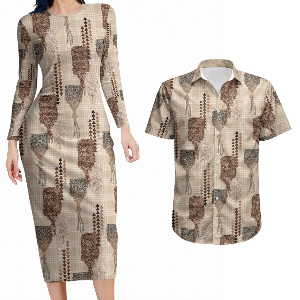 Aloha Hawaii Vintage Kahili Pa'a Lima Couples Matching Long Sleeve Bodycon Dress and Hawaiian Shirt Palaka Print Cozy Beige LT7 Beige - Polynesian Pride