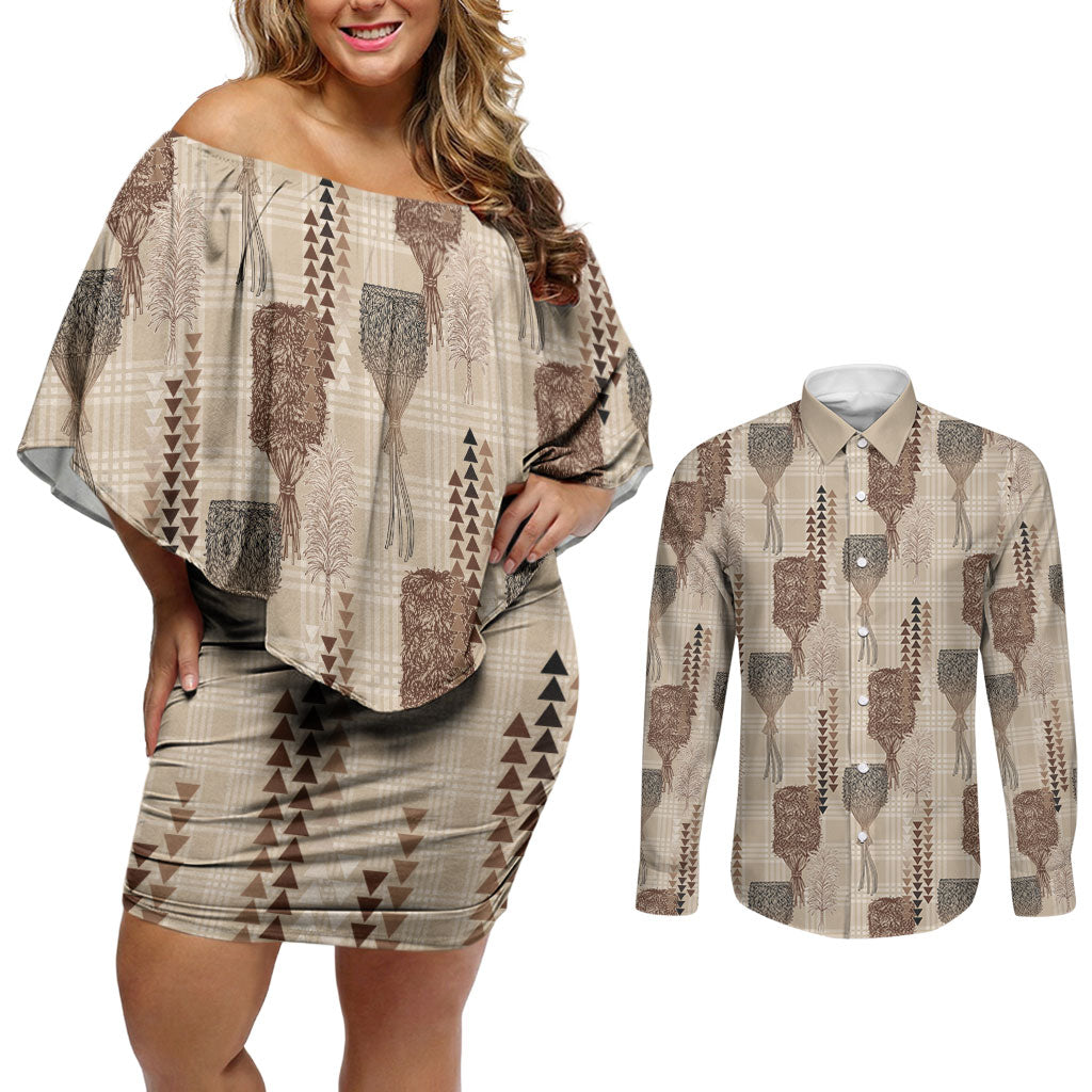 Aloha Hawaii Vintage Kahili Pa'a Lima Couples Matching Off Shoulder Short Dress and Long Sleeve Button Shirt Palaka Print Cozy Beige