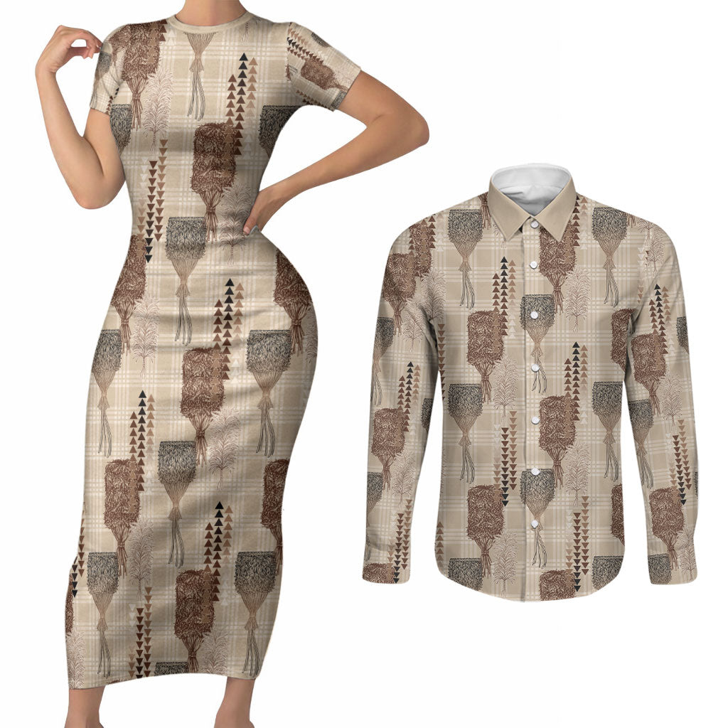 Aloha Hawaii Vintage Kahili Pa'a Lima Couples Matching Short Sleeve Bodycon Dress and Long Sleeve Button Shirt Palaka Print Cozy Beige