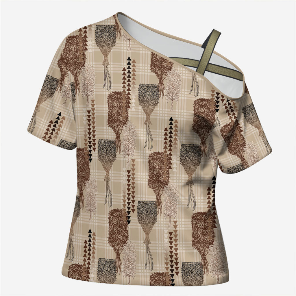 Aloha Hawaii Vintage Kahili Pa'a Lima Cross Shoulder Shirt Palaka Print Cozy Beige LT7 Female Beige - Polynesian Pride