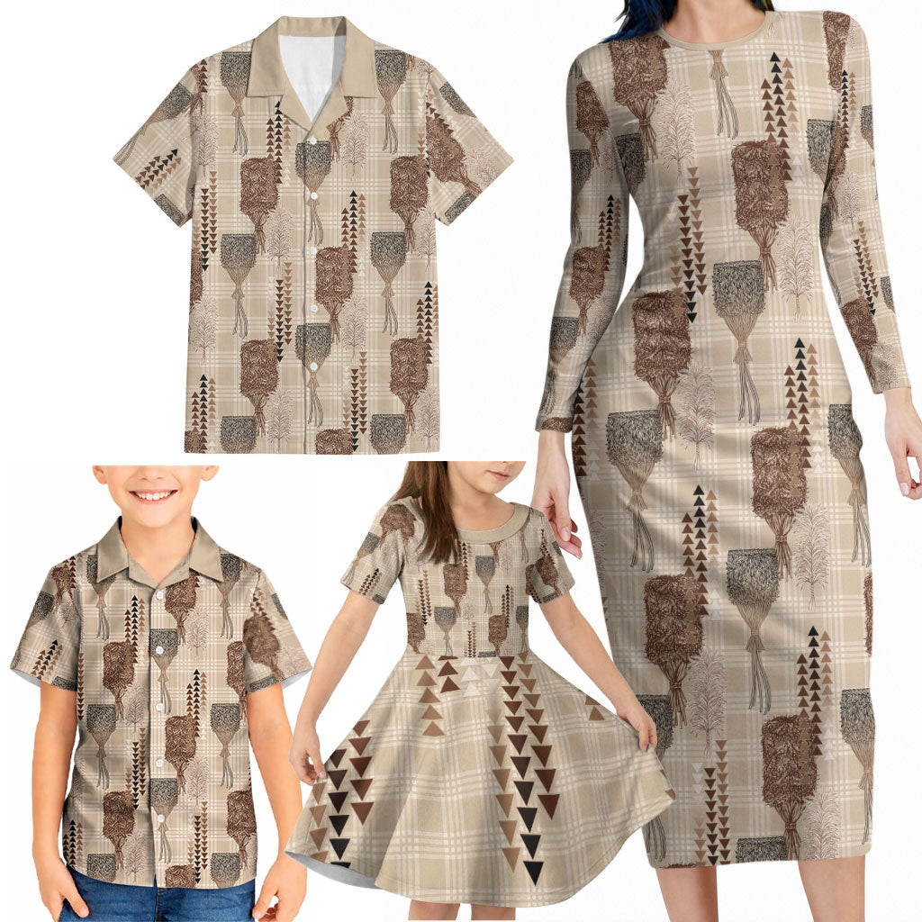 Aloha Hawaii Vintage Kahili Pa'a Lima Family Matching Long Sleeve Bodycon Dress and Hawaiian Shirt Palaka Print Cozy Beige LT7 - Polynesian Pride