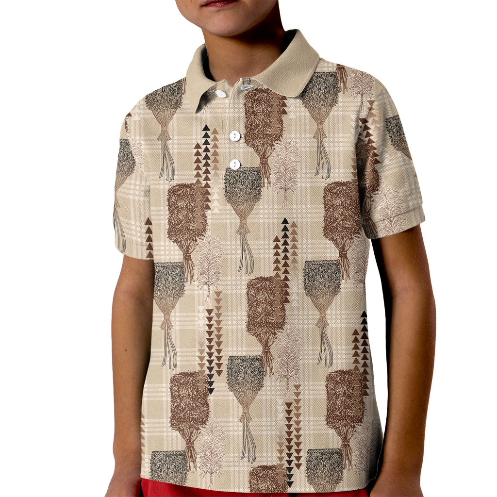Aloha Hawaii Vintage Kahili Pa'a Lima Kid Polo Shirt Palaka Print Cozy Beige LT7 Kid Beige - Polynesian Pride