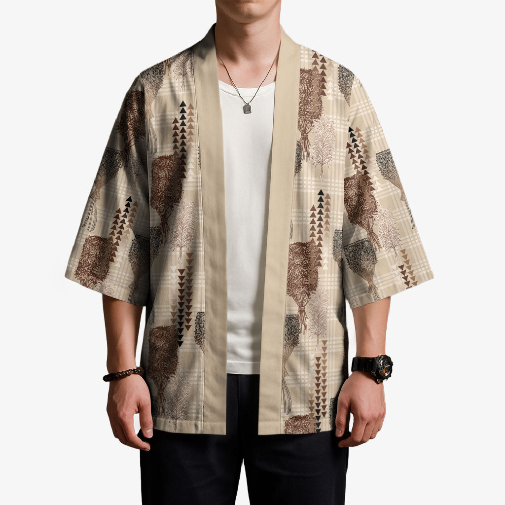 Aloha Hawaii Vintage Kahili Pa'a Lima Kimono Palaka Print Cozy Beige