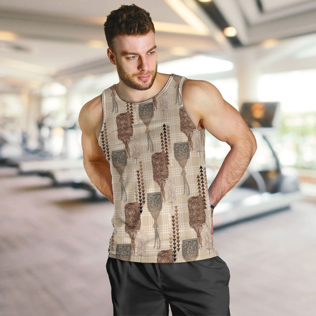 Aloha Hawaii Vintage Kahili Pa'a Lima Men Tank Top Palaka Print Cozy Beige LT7 Beige - Polynesian Pride