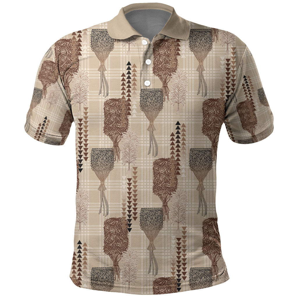 Aloha Hawaii Vintage Kahili Pa'a Lima Polo Shirt Palaka Print Cozy Beige