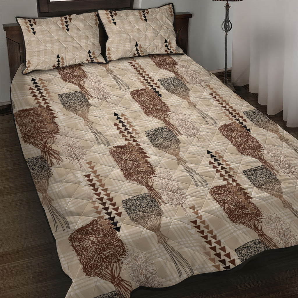 Aloha Hawaii Vintage Kahili Pa'a Lima Quilt Bed Set Palaka Print Cozy Beige LT7 Beige - Polynesian Pride