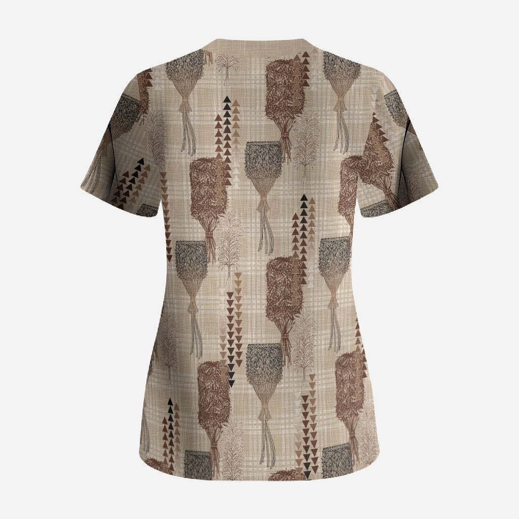 Aloha Hawaii Vintage Kahili Pa'a Lima Scrub Top Palaka Print Cozy Beige