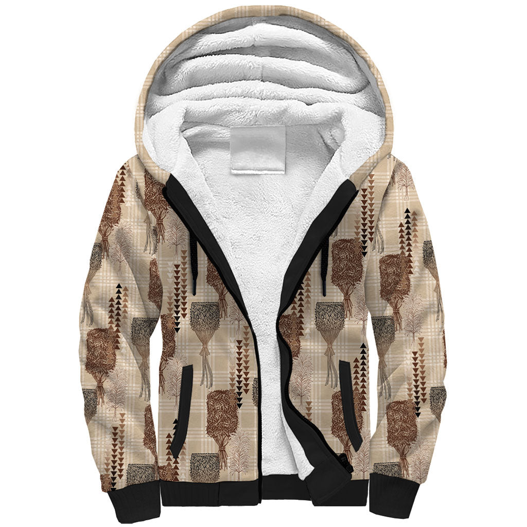 Aloha Hawaii Vintage Kahili Pa'a Lima Sherpa Hoodie Palaka Print Cozy Beige LT7 Unisex Beige - Polynesian Pride