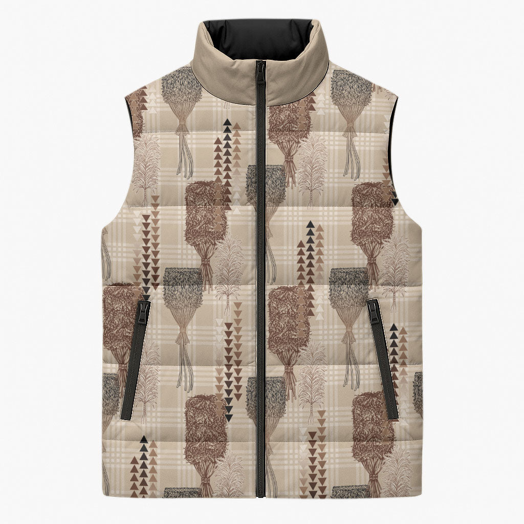 Aloha Hawaii Vintage Kahili Pa'a Lima Sleeveless Puffer Jacket Palaka Print Cozy Beige LT7 Unisex Beige - Polynesian Pride