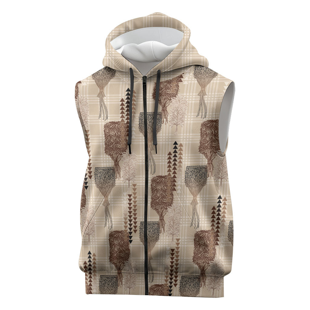 Aloha Hawaii Vintage Kahili Pa'a Lima Sleeveless Zip Hoodie Palaka Print Cozy Beige LT7 Beige - Polynesian Pride