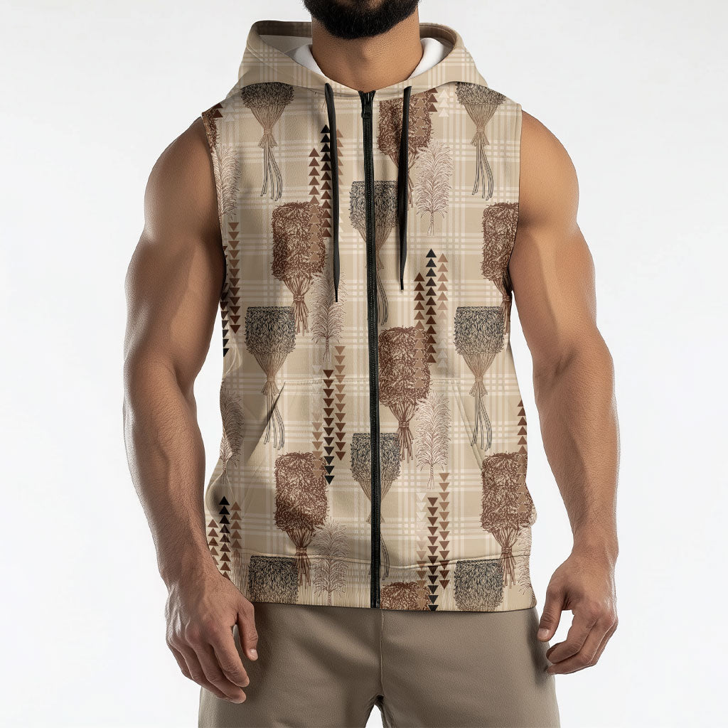 Aloha Hawaii Vintage Kahili Pa'a Lima Sleeveless Zip Hoodie Palaka Print Cozy Beige