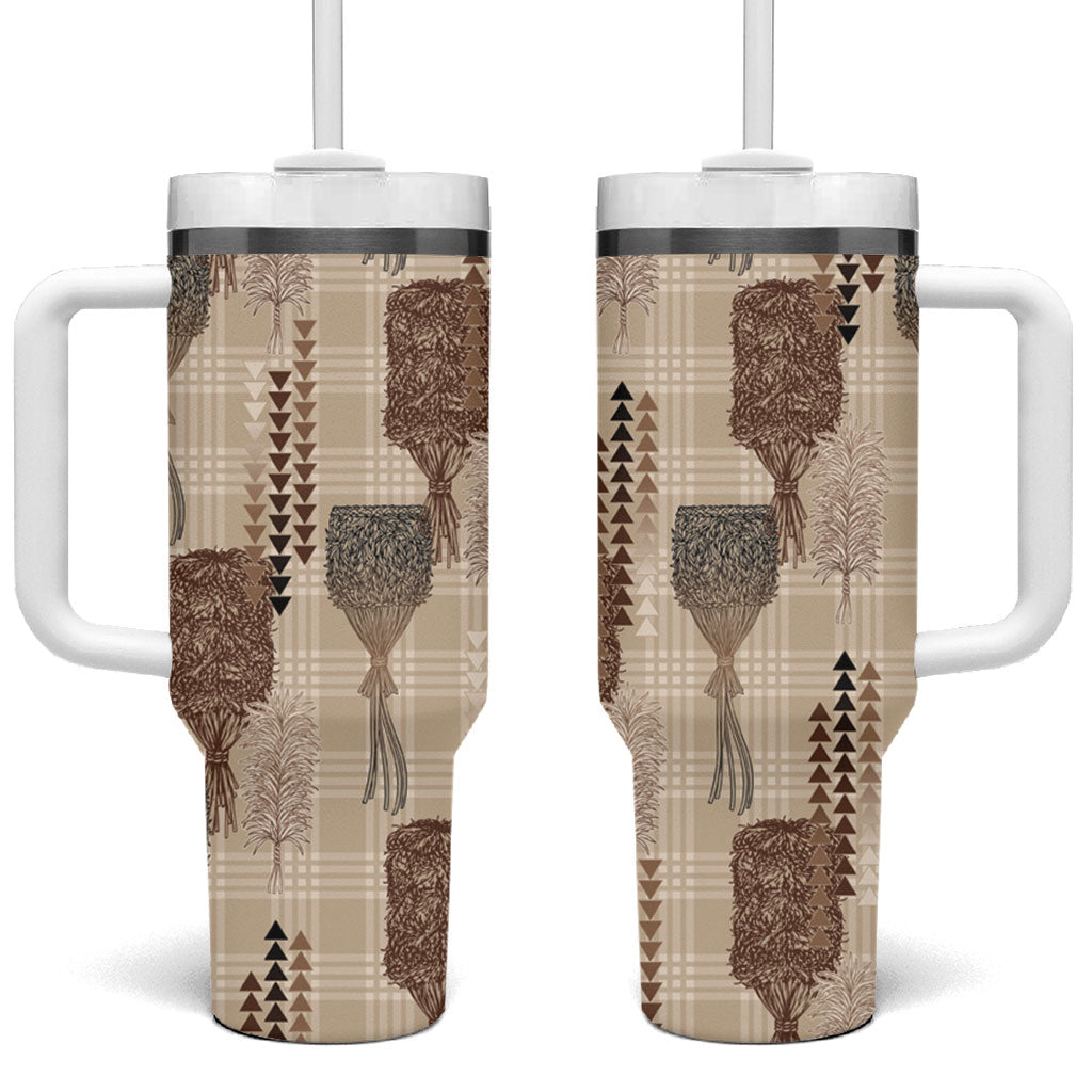 Aloha Hawaii Vintage Kahili Pa'a Lima Tumbler With Handle Palaka Print Cozy Beige LT7 One Size: 40 oz Beige - Polynesian Pride