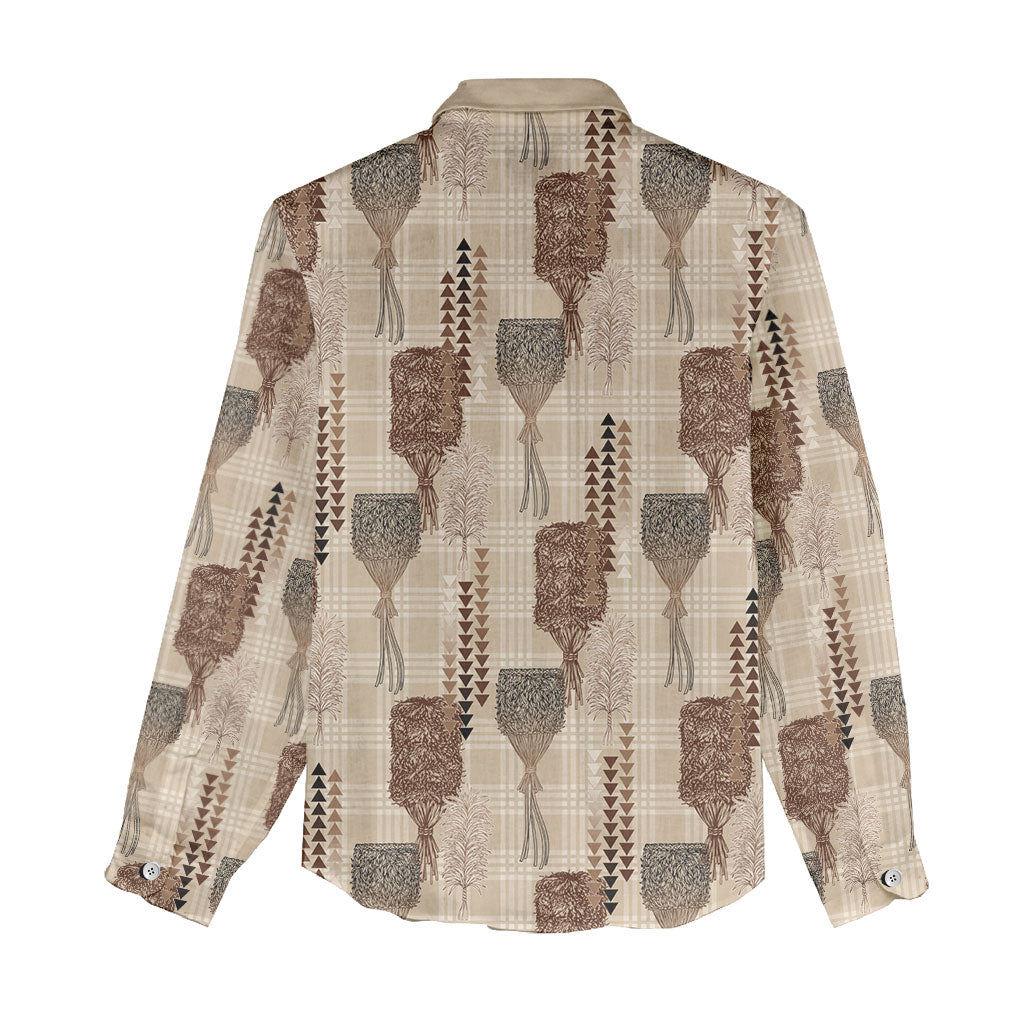 Aloha Hawaii Vintage Kahili Pa'a Lima Women Casual Shirt Palaka Print Cozy Beige