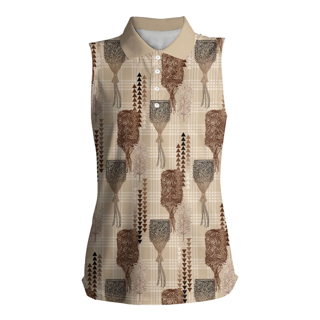 Aloha Hawaii Vintage Kahili Pa'a Lima Women Sleeveless Polo Shirt Palaka Print Cozy Beige LT7 Female Beige - Polynesian Pride