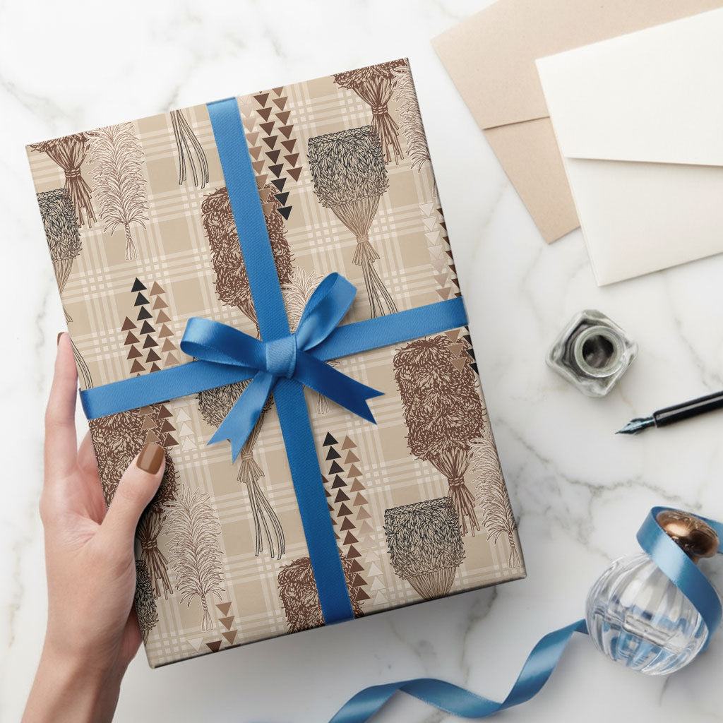 Aloha Hawaii Vintage Kahili Pa'a Lima Wrapping Paper Palaka Print Cozy Beige