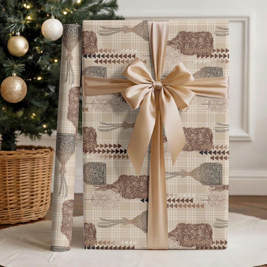 Aloha Hawaii Vintage Kahili Pa'a Lima Wrapping Paper Palaka Print Cozy Beige