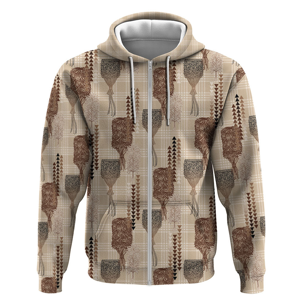 Aloha Hawaii Vintage Kahili Pa'a Lima Zip Hoodie Palaka Print Cozy Beige