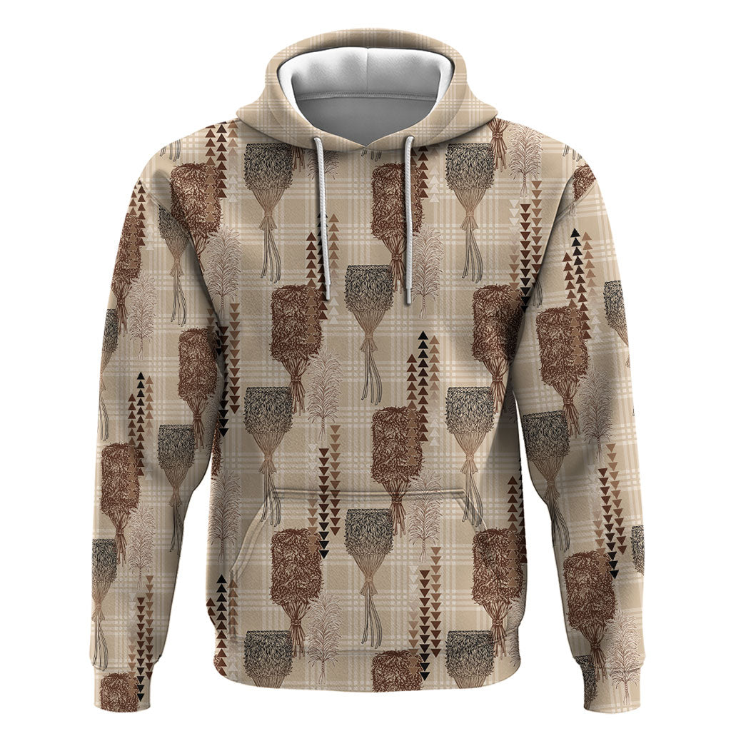 Aloha Hawaii Vintage Kahili Pa'a Lima Zip Hoodie Palaka Print Cozy Beige
