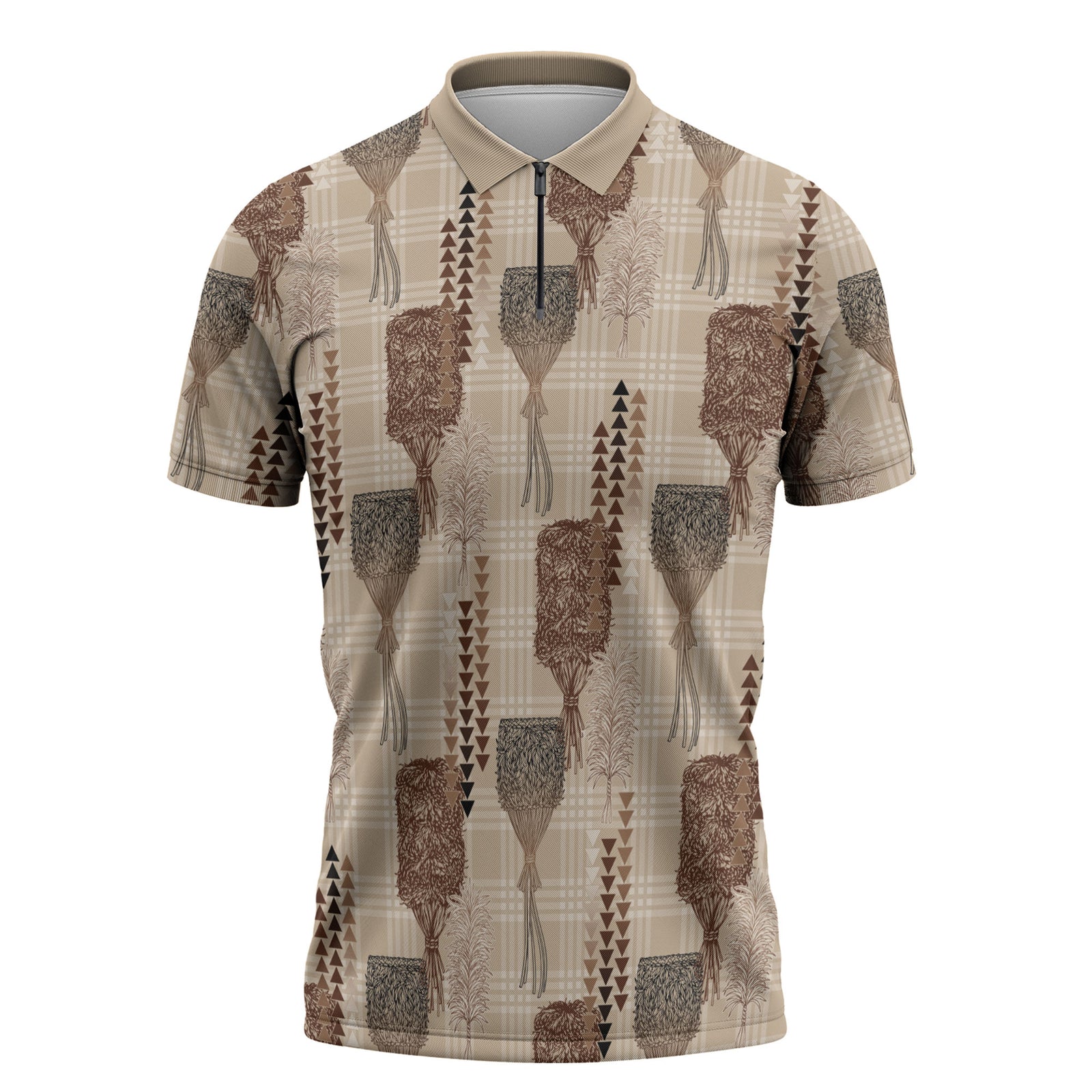 Aloha Hawaii Vintage Kahili Pa'a Lima Zipper Polo Shirt Palaka Print Cozy Beige LT7 Beige - Polynesian Pride