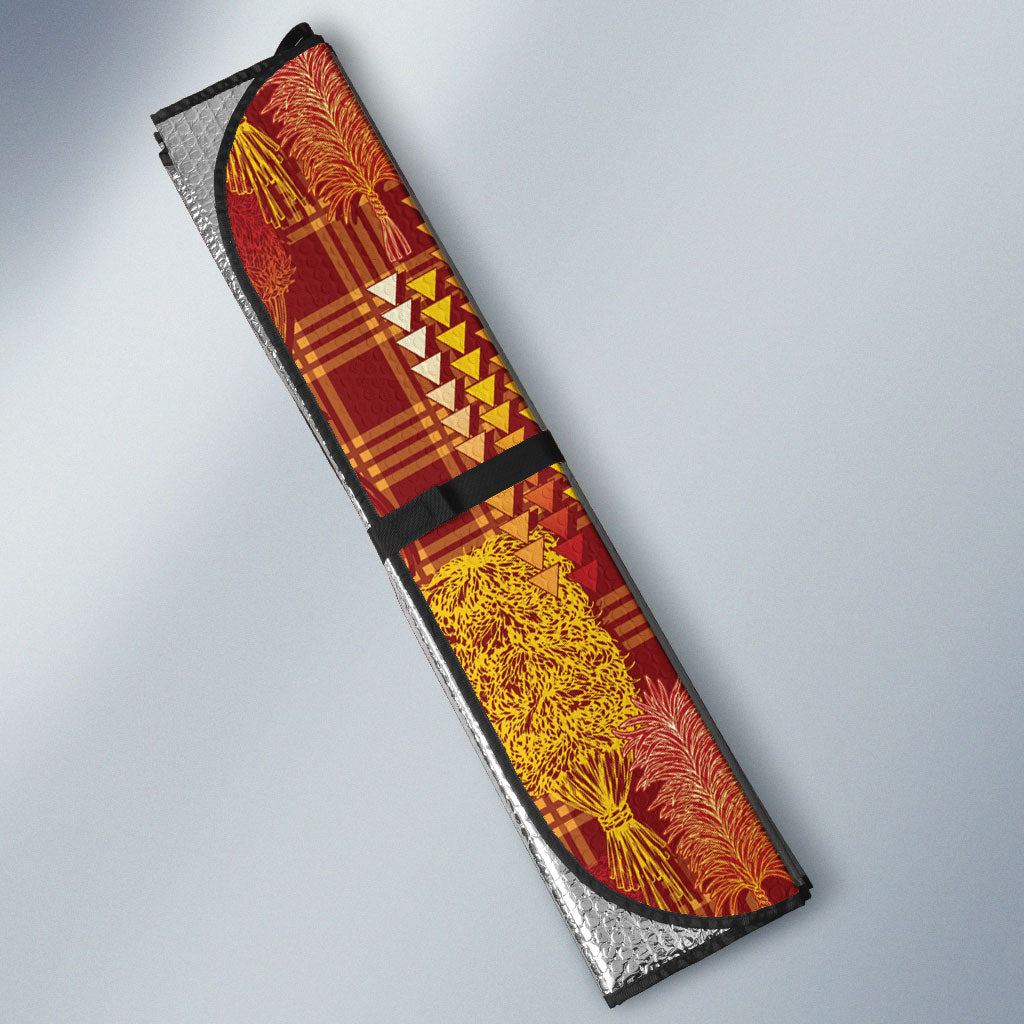 Aloha Hawaii Vintage Kahili Pa'a Lima Auto Sun Shade Palaka Print Hilo Royal Red-Yellow