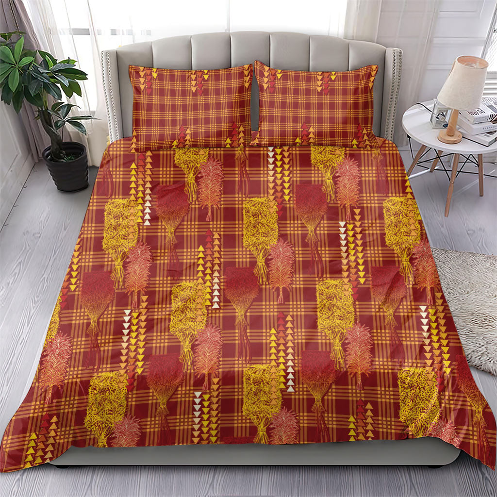 Aloha Hawaii Vintage Kahili Pa'a Lima Bedding Set Palaka Print Hilo Royal Red-Yellow