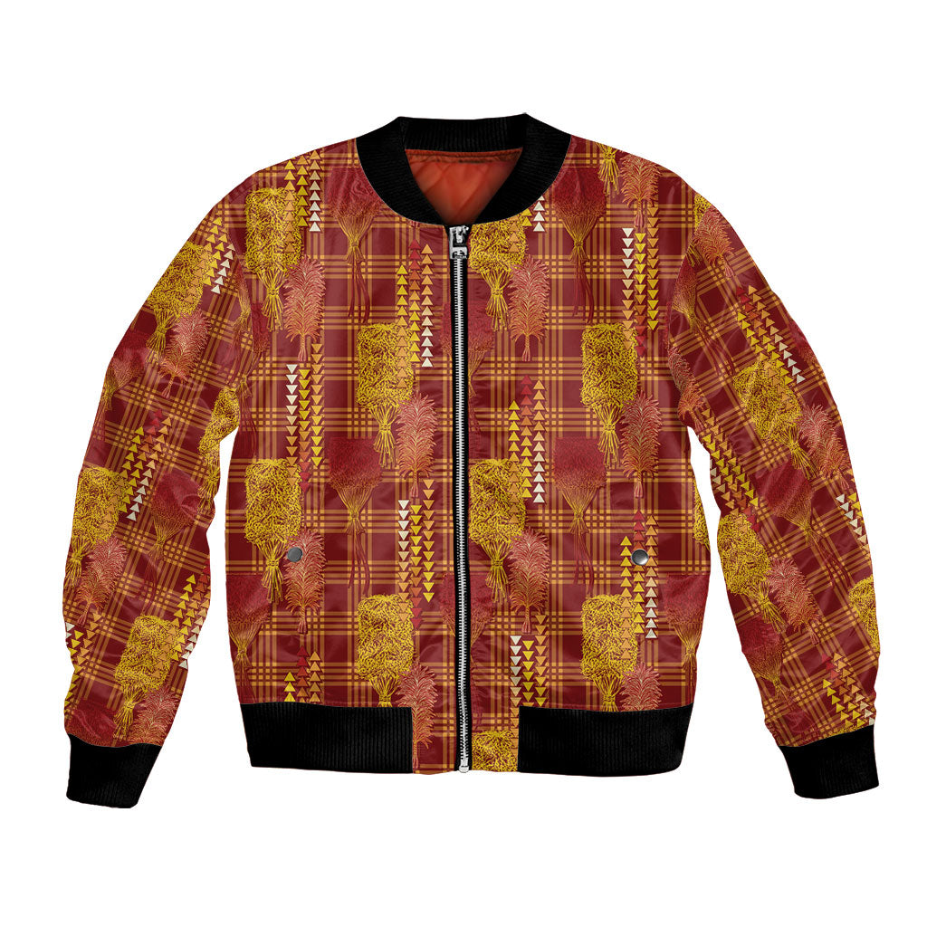 Aloha Hawaii Vintage Kahili Pa'a Lima Bomber Jacket Palaka Print Hilo Royal Red-Yellow LT7 Unisex Red - Polynesian Pride