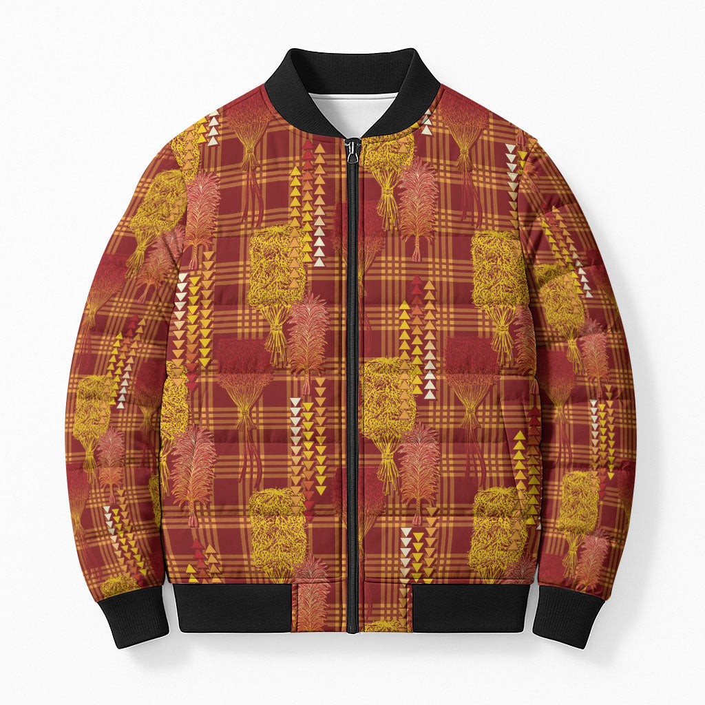 Aloha Hawaii Vintage Kahili Pa'a Lima Bomber Puffer Jacket Palaka Print Hilo Royal Red-Yellow LT7 Unisex Red - Polynesian Pride