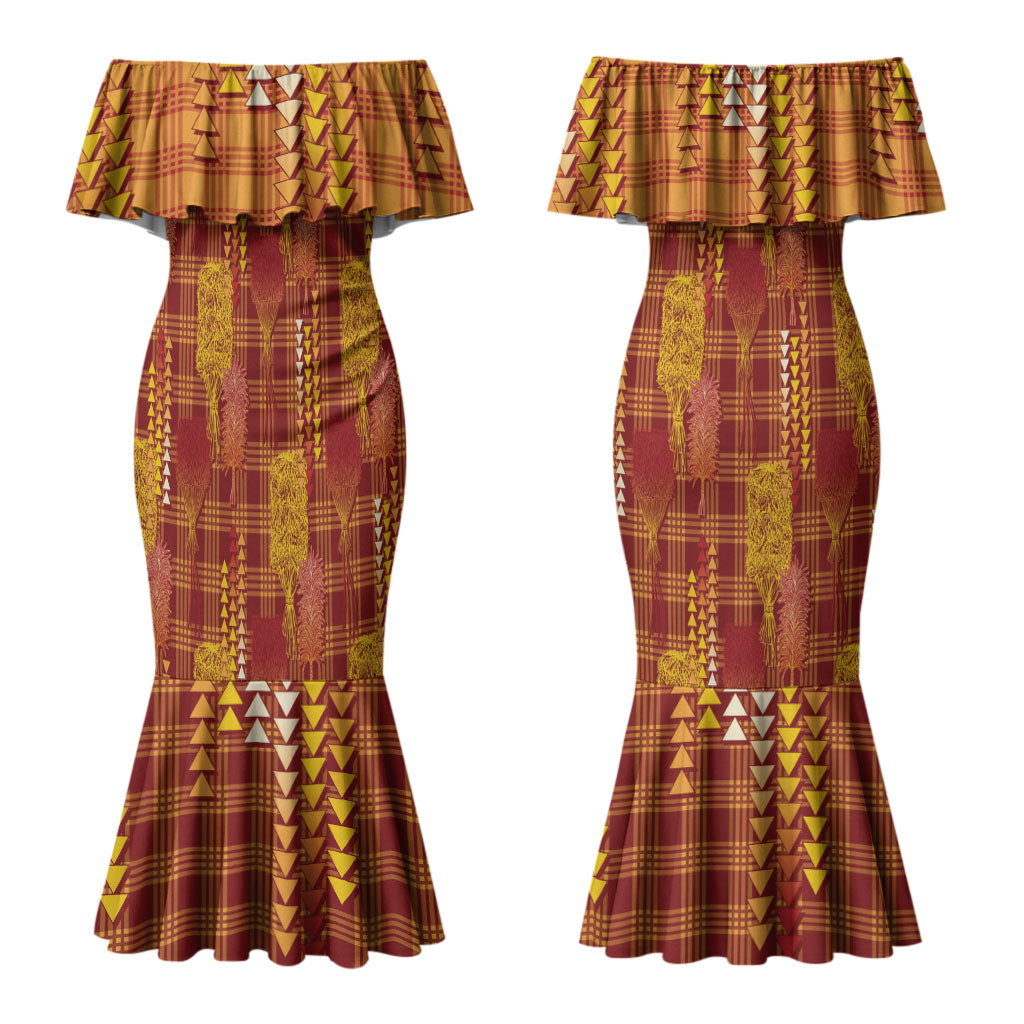 Aloha Hawaii Vintage Kahili Pa'a Lima Couples Matching Mermaid Dress and Hawaiian Shirt Palaka Print Hilo Royal Red-Yellow