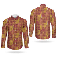 Aloha Hawaii Vintage Kahili Pa'a Lima Couples Matching Off Shoulder Short Dress and Long Sleeve Button Shirt Palaka Print Hilo Royal Red-Yellow