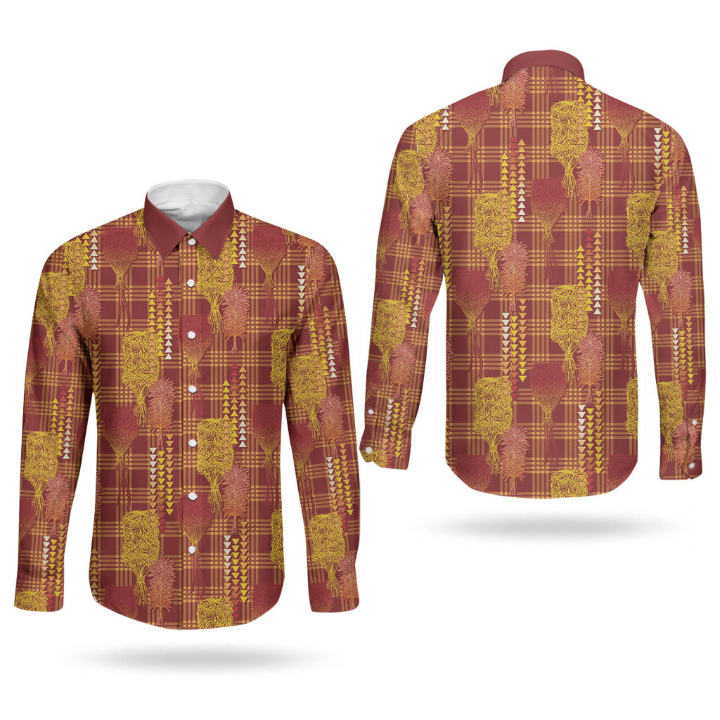 Aloha Hawaii Vintage Kahili Pa'a Lima Couples Matching Off The Shoulder Long Sleeve Dress and Long Sleeve Button Shirt Palaka Print Hilo Royal Red-Yellow