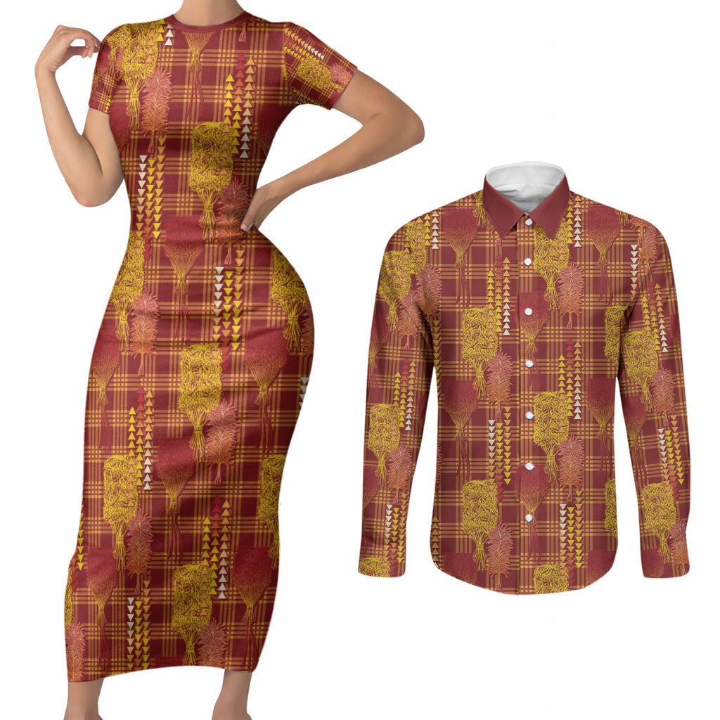Aloha Hawaii Vintage Kahili Pa'a Lima Couples Matching Short Sleeve Bodycon Dress and Long Sleeve Button Shirt Palaka Print Hilo Royal Red-Yellow