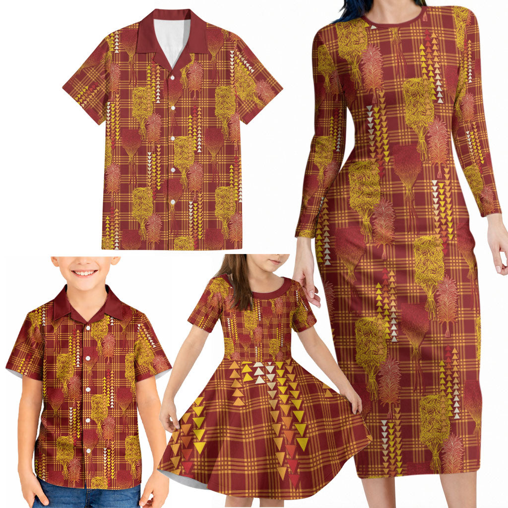 Aloha Hawaii Vintage Kahili Pa'a Lima Family Matching Long Sleeve Bodycon Dress and Hawaiian Shirt Palaka Print Hilo Royal Red-Yellow