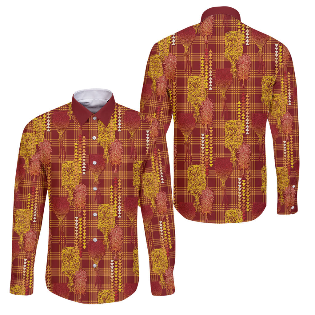 Aloha Hawaii Vintage Kahili Pa'a Lima Family Matching Long Sleeve Bodycon Dress and Hawaiian Shirt Palaka Print Hilo Royal Red-Yellow