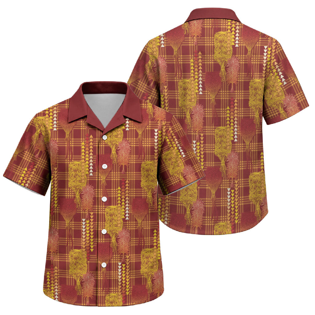 Aloha Hawaii Vintage Kahili Pa'a Lima Family Matching Long Sleeve Bodycon Dress and Hawaiian Shirt Palaka Print Hilo Royal Red-Yellow