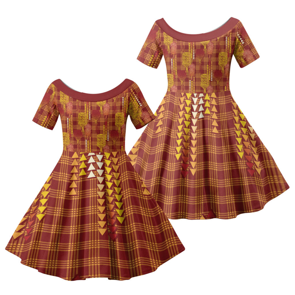 Aloha Hawaii Vintage Kahili Pa'a Lima Family Matching Mermaid Dress and Hawaiian Shirt Palaka Print Hilo Royal Red-Yellow
