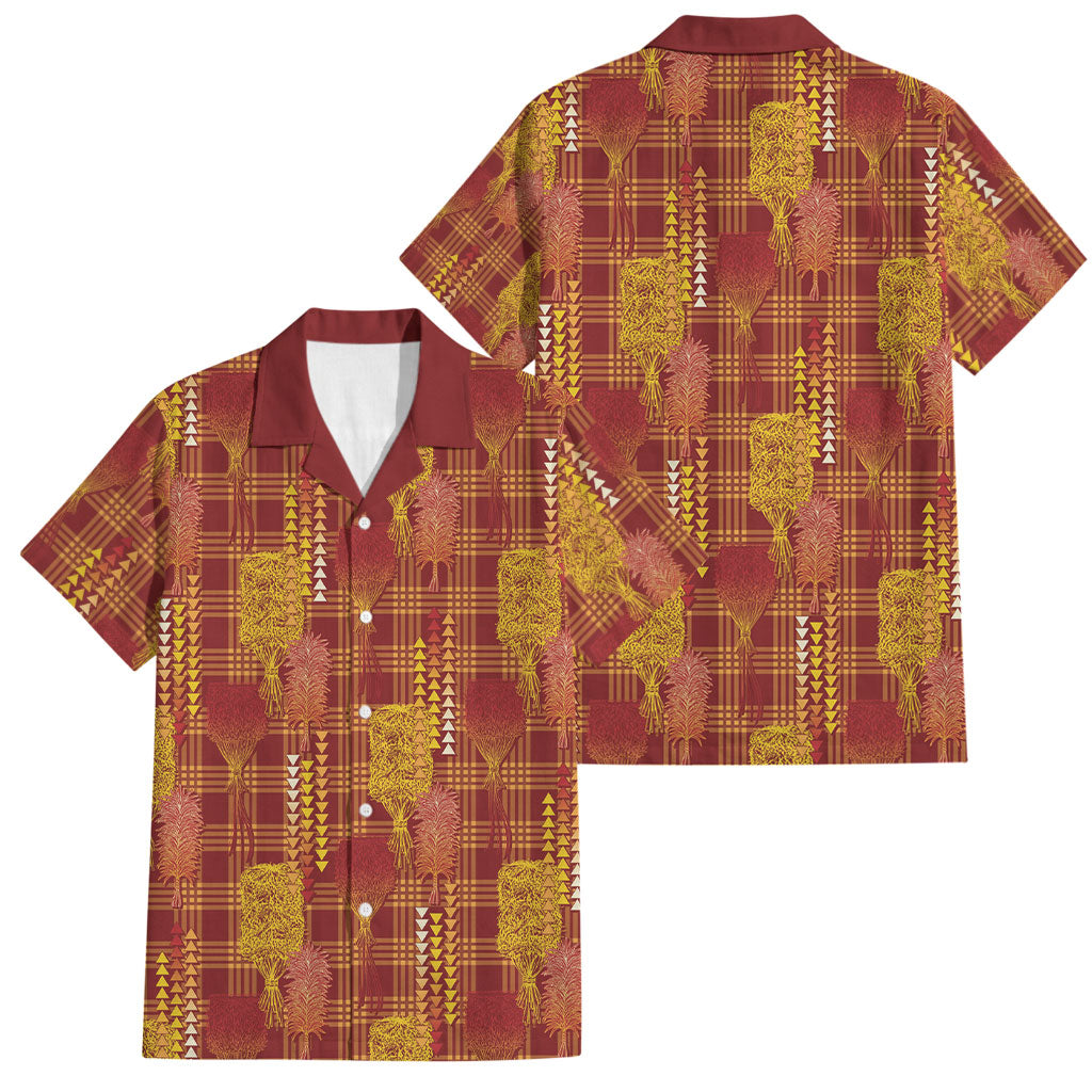 Aloha Hawaii Vintage Kahili Pa'a Lima Family Matching Short Sleeve Bodycon Dress and Hawaiian Shirt Palaka Print Hilo Royal Red-Yellow
