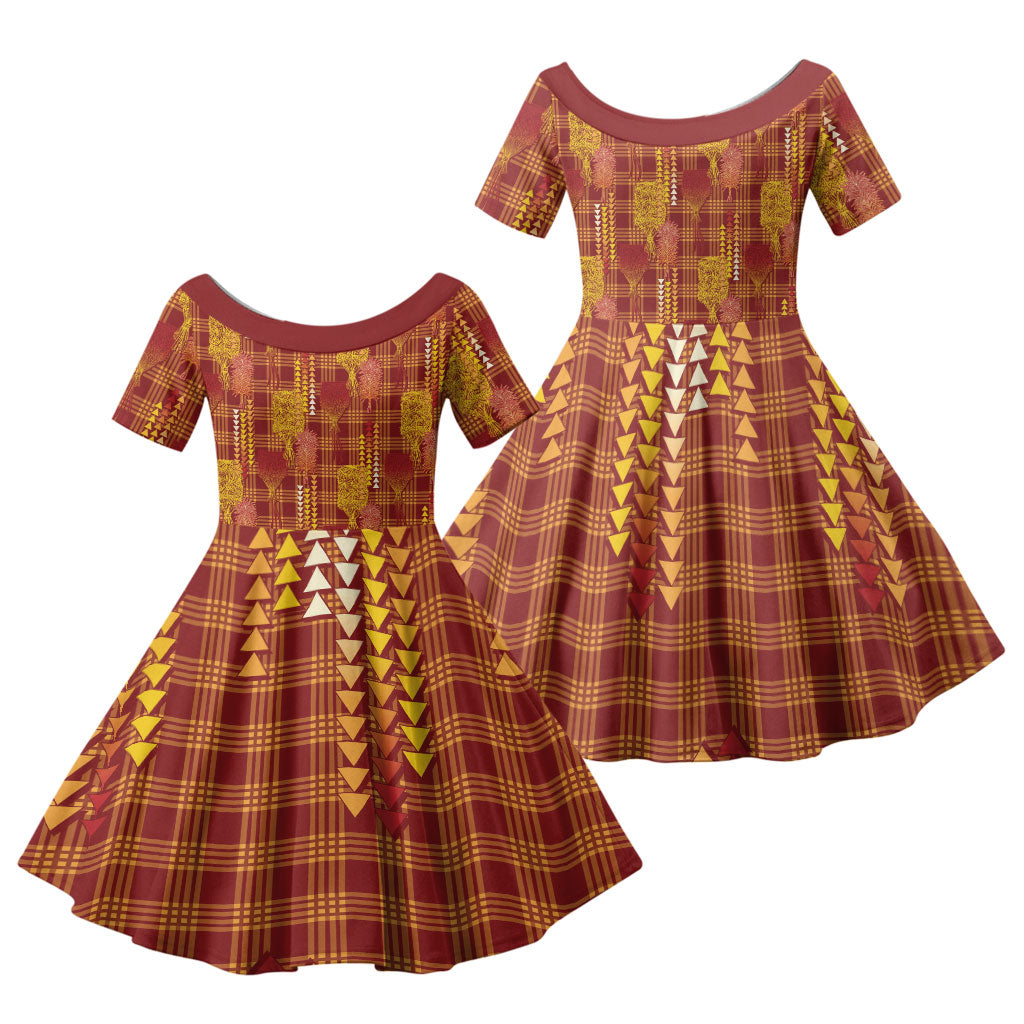 Aloha Hawaii Vintage Kahili Pa'a Lima Family Matching Summer Maxi Dress and Hawaiian Shirt Palaka Print Hilo Royal Red-Yellow