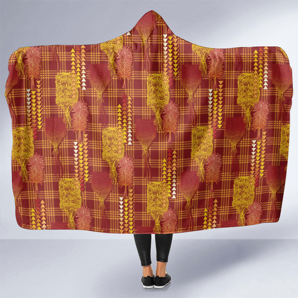 Aloha Hawaii Vintage Kahili Pa'a Lima Hooded Blanket Palaka Print Hilo Royal Red-Yellow LT7 One Size Red - Polynesian Pride