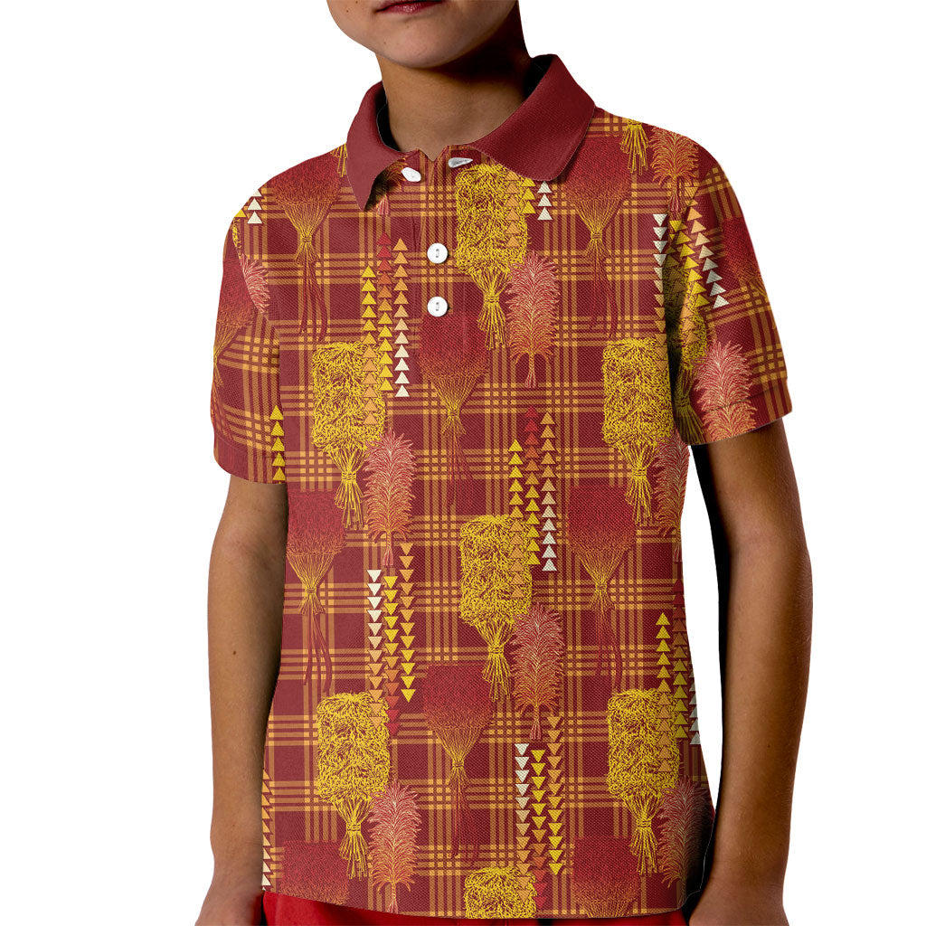 Aloha Hawaii Vintage Kahili Pa'a Lima Kid Polo Shirt Palaka Print Hilo Royal Red-Yellow LT7 Kid Red - Polynesian Pride